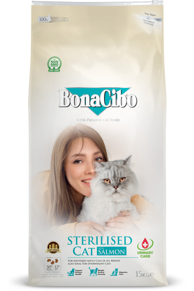 BonaCibo Adult Cat Sterilised Somonlu Kısırlaştırılmış Yetişkin Kedi Maması, 15 Kg, Tüm Irklar, Şekersiz