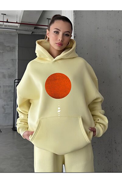 vikitekno Women's Hooded Planet Printed Oversized Sweatshirt Yellow