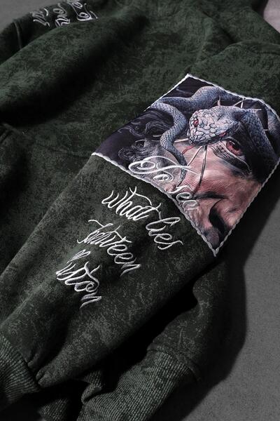 Slatra Men's Khaki Illusion Embroidered Patch Washed O Oversized K Hooded Sweatshirt