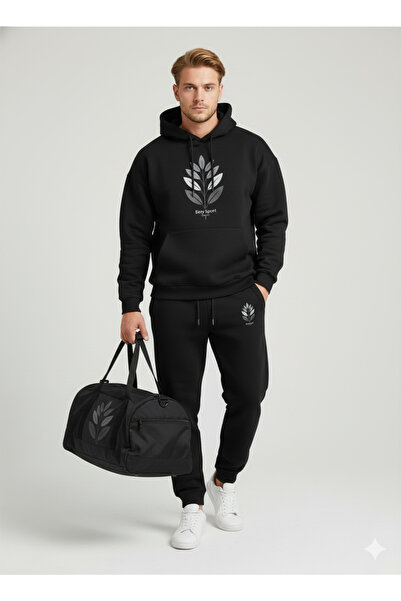 NİCE Three Thread Compact Hooded Cotton Inside Leaf B Printed Premium O Oversized Tracksuit Set