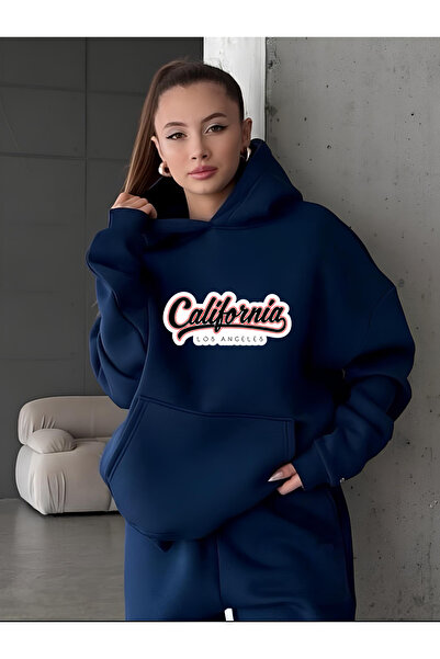 vikitekno سترة نسائية بغطاء رأس كاليفورنيا مطبوع قصة فضفاضة باللون الأزرق الداكن