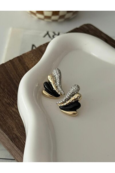 ACCESSORYHUB Siyah ve Taş Detaylı Gold Çelik Küpe