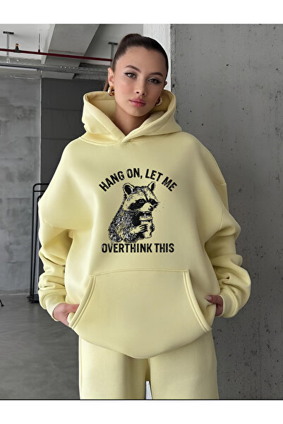 vikitekno Women's Hooded Raccoon Printed Oversized Sweatshirt Yellow