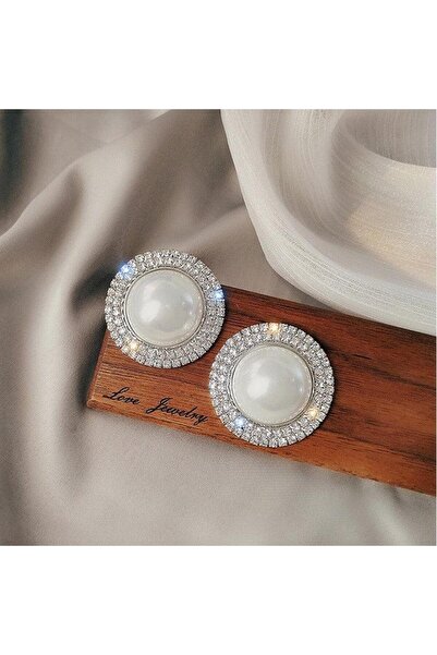 Pursehuit Silver-colored earrings, with clips, round, with stones and pearls, Inka C5