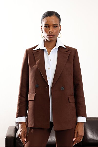 5in1Canpolat Brown Suede Double-Breasted Jacket 002064