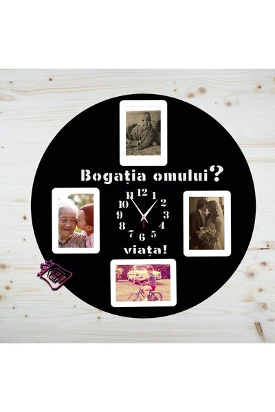 damoro Ceas de perete cu 4 poze,Bogatia Omului,Lemn,negru/alb