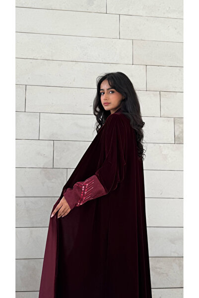 AYA - MWT651 - Velvet abaya with burgundy suede trim