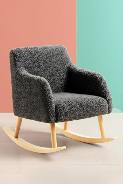 Niron LOOP Sallanan Sandalye – Antrasit Teddy Kumaş | Doğal Ahşap Ayaklı Berjer - Sallanan Koltuk