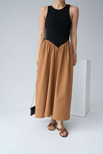 Melek Moda Two Color Dress - Black-Tan