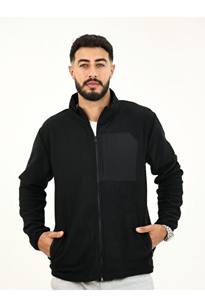 TKT Black Fleece Jacket with 3 Pockets, Full Zipper, Front Panel Detail