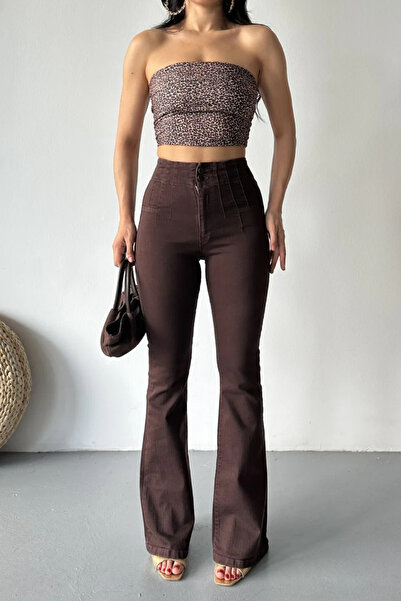 Coşkun GİYİM Women's Pensli Flared Jeans Trousers Brown 7021-78