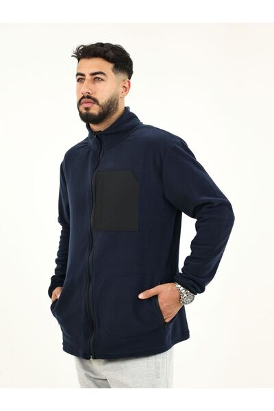 TKT Navy Blue Fleece Jacket with 3 Pockets, Full Zipper, Front Panel Detail