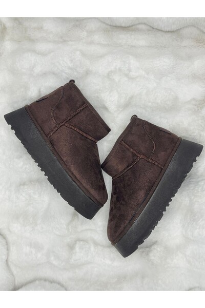 EM SHOESS Acı Kahverengi Süet İçi Kürk Detaylı Mini Classic Platform Kadın Bot