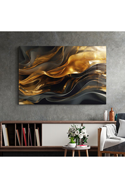 Arthub Glass Painting, Bedroom and Living Room, Abstract with Lines, Gold With Black Wave