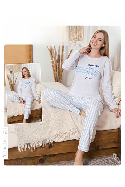 İpek Women's Long Sleeve Crew Neck Stripe Pattern Cotton Pajama Set