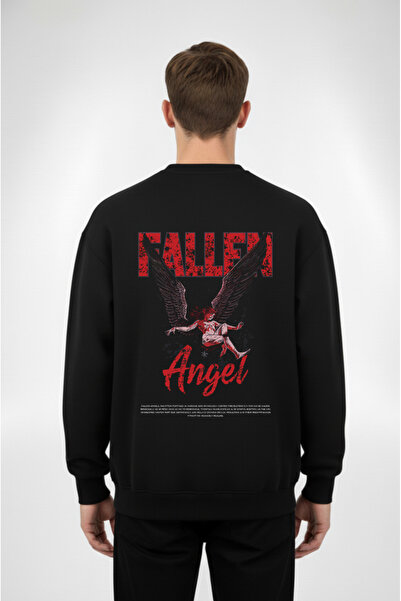 Siyah Unisex Sweatshirt | (Fallen Angel) Baskılı Streetwear Sweatshirt