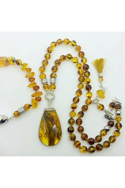 Sibelce 2517 Fosilli Kehribar Zirkonlu rondela el yapımı düğümlü kolye