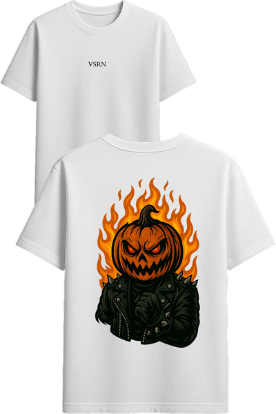 VSRN Tricou oversize alb cu imprimeu cu design Biker Pumpkin