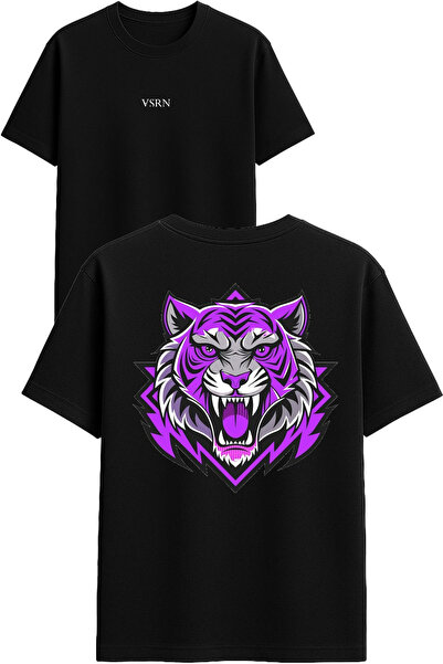 VSRN Tricou oversize negru cu imprimeu Purple Tiger Design
