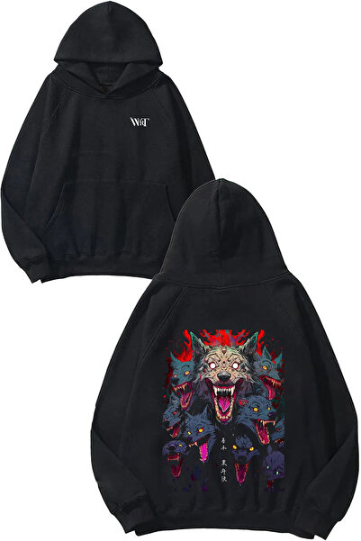 THEWERT Angry Wolfs Design Back Printed Black Hooded Sweatshirt