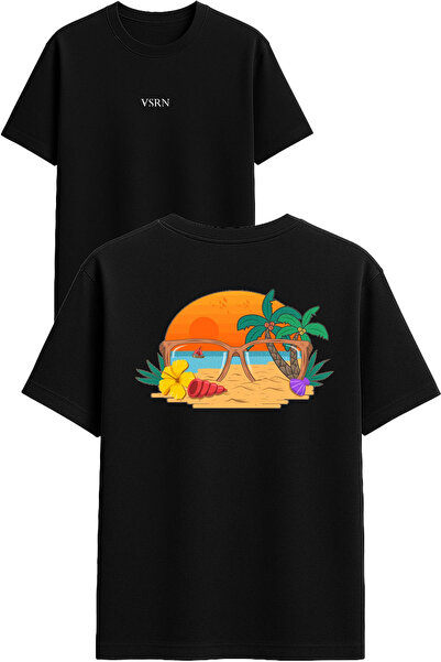VSRN Tricou negru supradimensionat cu imprimeu pe tema peisajului de coastă