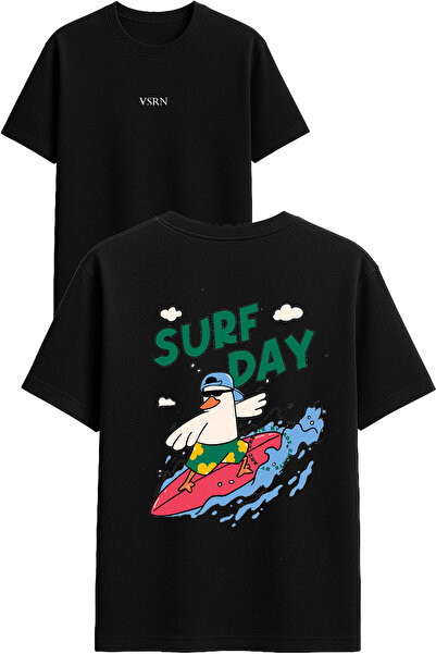 VSRN Tricou oversize negru cu imprimeu Surf day Design
