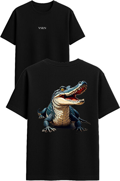 VSRN تي شيرت بتصميم جرو كروكودايل مطبوع أسود قصة فضفاضة