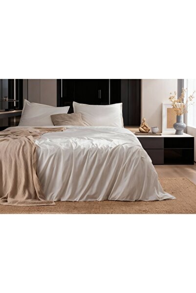 Madame Coco Melicia Çift Kişilik Pamuklu Çizgili Saten Nevresim Takımı - Ekru