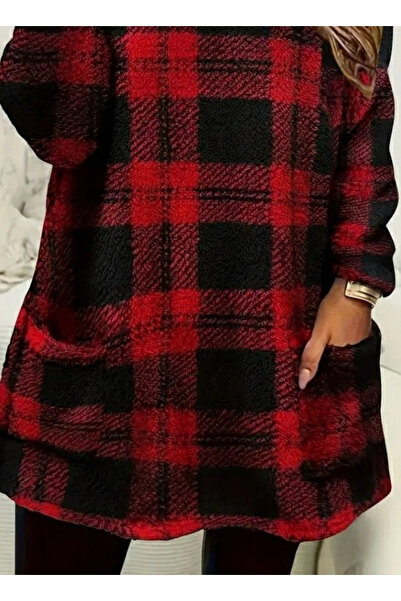Meleners Mdb Women's Long Sleeve Semi-High Neck Pocket Detailed Plaid Woven Tunic