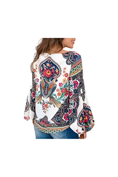 Camasa Boho chic blouse with wide sleeves and exotic print, size S