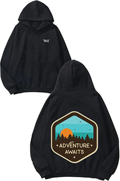 THEWERT Adventure Awaits Design Backpack Printed Black Hooded Sweatshirt