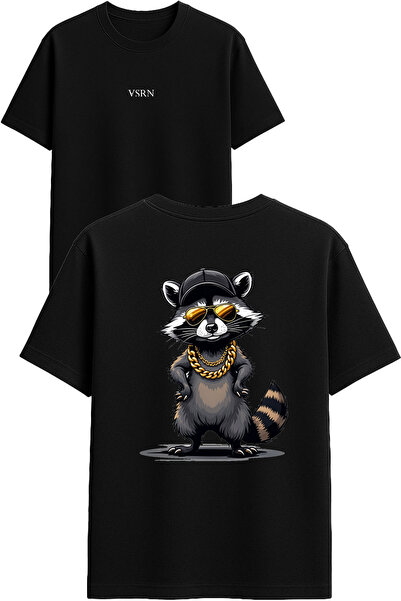 VSRN Tricou oversize negru cu imprimeu design raton și lanț auriu