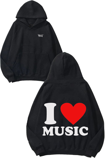 THEWERT I Love Music Design Rucsac cu imprimeu Negru cu glugă Swea tricou