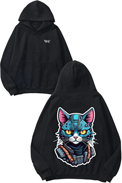 THEWERT Cyber Cat Design Backpack Printed Black Hooded Sweatshirt