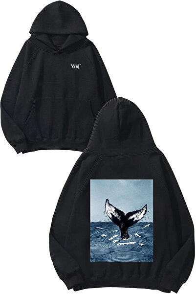 THEWERT Whale Design Back Printed Black Hooded Sweatshirt