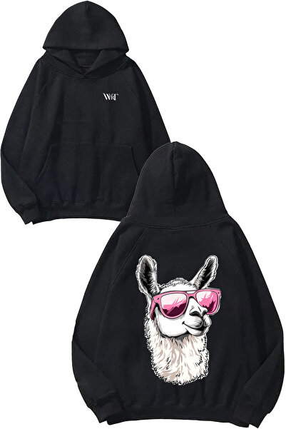 THEWERT Gözüklü Lama Design Spate cu imprimeu Negru cu glugă Swea tricou