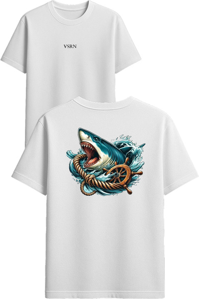 VSRN Μπλουζάκι με στάμπα Shark Design σε λευκό χρώμα και oversized γραμμή