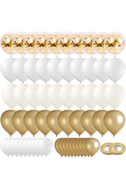 DELPI Set of 80 Latex Balloons for Party Decoration, Cream/Gold/White with Gold-Confetti Transparent Ballo