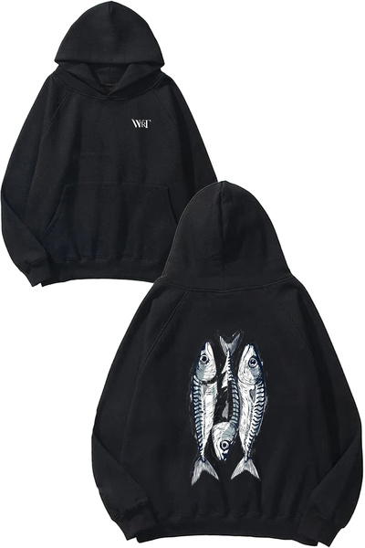 THEWERT Fish Design Back Printed Black Hooded Sweatshirt