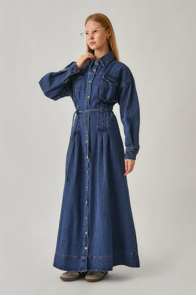 ZÜLAYS Korse Bel Denim Elbise Mavi