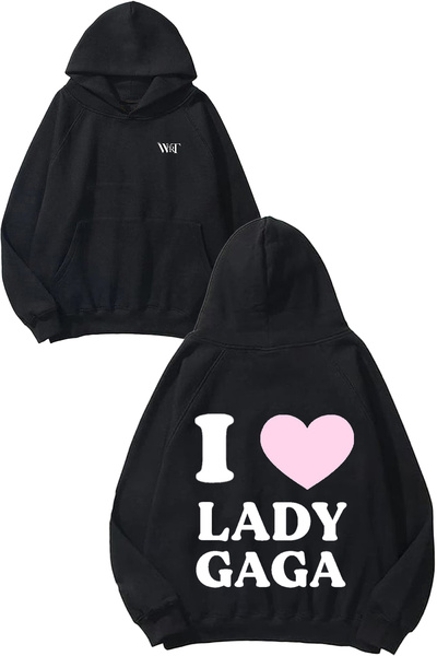 THEWERT سويت شيرت I Love Lady Gaga Design Back مطبوع أسود بغطاء رأس