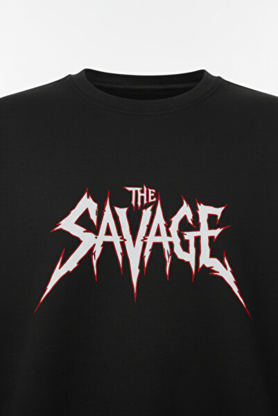 Siyah/Beyaz Unisex Sweatshirt | 'The Savage' Baskılı Sweatshirt | Streetwear Unisex