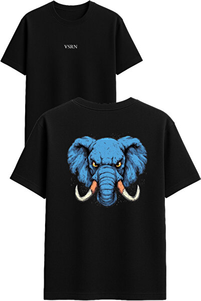 VSRN تي شيرت بتصميم الفيل الأزرق مطبوع أسود قصة فضفاضة
