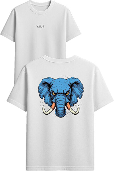 VSRN تي شيرت بتصميم الفيل الأزرق مطبوع أبيض قصة فضفاضة