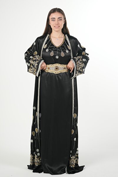al bent al sharqieh Moroccan embroidered satin kaftan dress with a waist belt