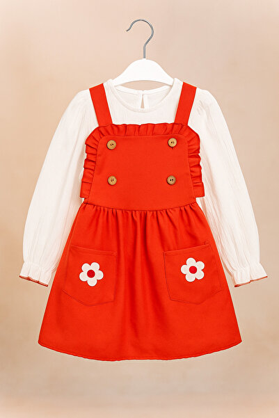 Uğur bebe Girl's Red Gilet Dress with Suspender Flower Pockets and White Woven Blouse Set - Transitional Stylish Combination”