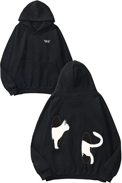 THEWERT Portal pisică Design Spate cu imprimeu Negru cu glugă Swea tricou