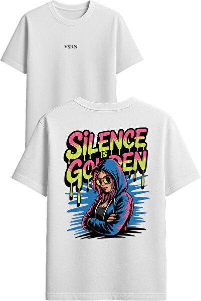 VSRN تي شيرت سايلنس ديزاين مطبوع أبيض قصة فضفاضة