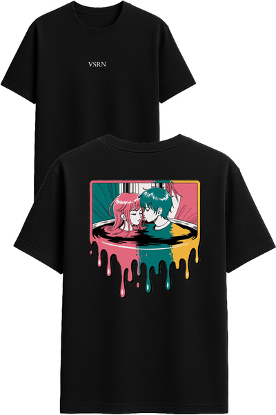 VSRN Colorful Love Design Printed Black Oversized t Shirt