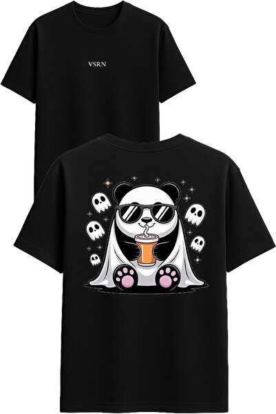 VSRN Tricou oversize negru cu imprimeu Panda Ghost Design